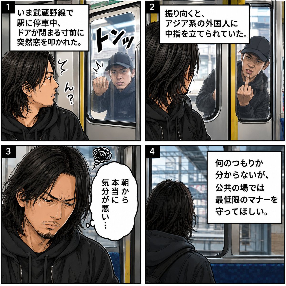 beik7777's tweet photo. いま武蔵野線で駅に停車中、ドアが閉まる寸前に突然窓を叩かれた。振り向くと、アジア系の外国人に中指を立てられた。

朝から本当に気分が悪い。
何のつもりか知らないが、公共の場では最低限のマナーを守ってほしい。

日本で人に迷惑をかけるなら、国にお帰りください。

 #電車 #マナー #外国人 https://t.co/QwG7Pfzi11