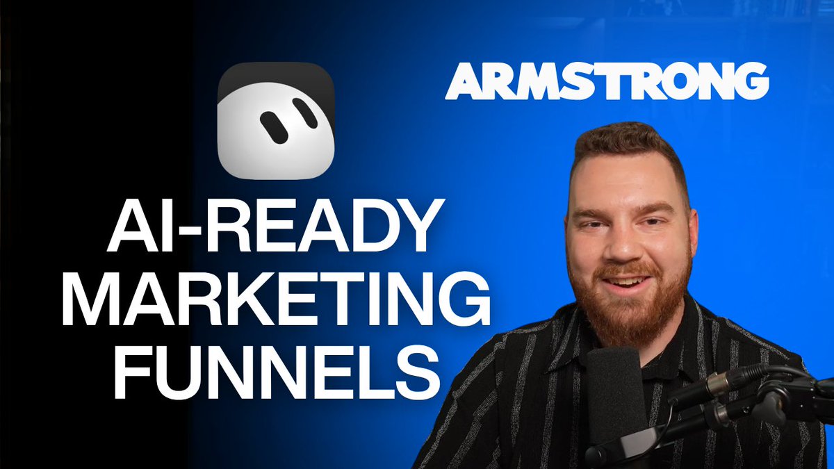 A YouTube-style thumbnail with a blue background featuring a bearded man named 'ARMSTRONG' speaking into a microphone, with white text reading 'AI-READY MARKETING FUNNELS' and a rounded square app icon.
