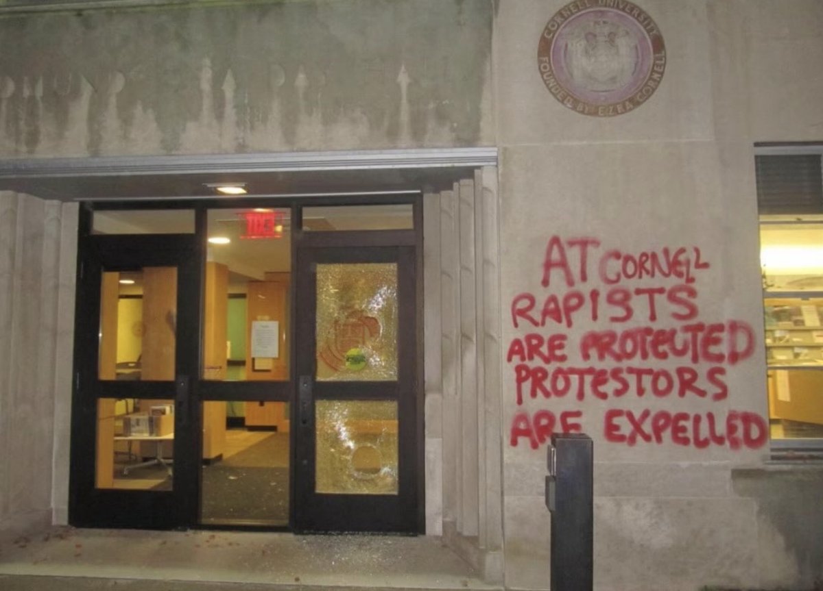 Savsays's tweet photo. Cornell students are now vandalizing the school, because two years ago a hoe consented to multiple threesomes with multiple men, admitted that “none of the sexual stuff was illegal”, that they all respected her "no"...

She later decided it was rape after they uninvited her to their Halloween party because the frat President didn't want her hosting another gang bang upstairs. 

This is next level insanity.