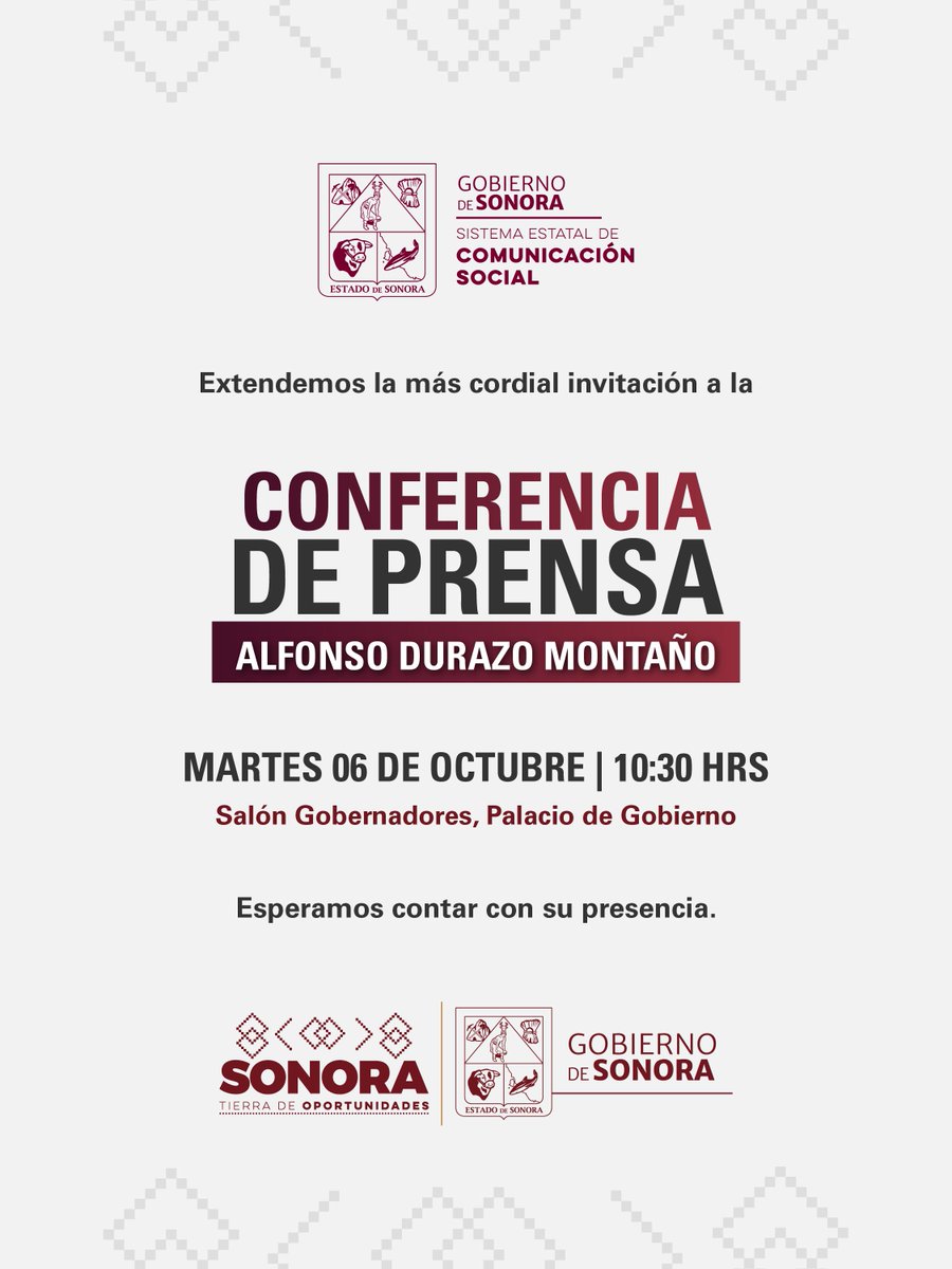 gobiernosonora's tweet photo. Invitamos cordialmente a la ciudadanía a seguir la transmisión completamente en vivo de la #ConferenciaDePrensa semanal de nuestro Gobernador @AlfonsoDurazo.
¡Nos vemos a partir de las 10:30AM! https://t.co/hI0Zs3BUUH
