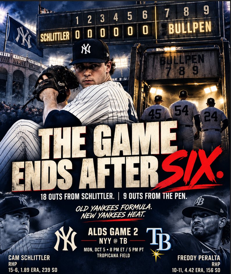 scoutsan815's tweet photo. ALDS GAME 2 — NYY @ TB
⏰ 8:00 PM ET / 5:00 PM PT
🏟️ Tropicana Field
Cam Schlittler vs. Freddy Peralta
NYY to even the series. https://t.co/AgKyldwyAt