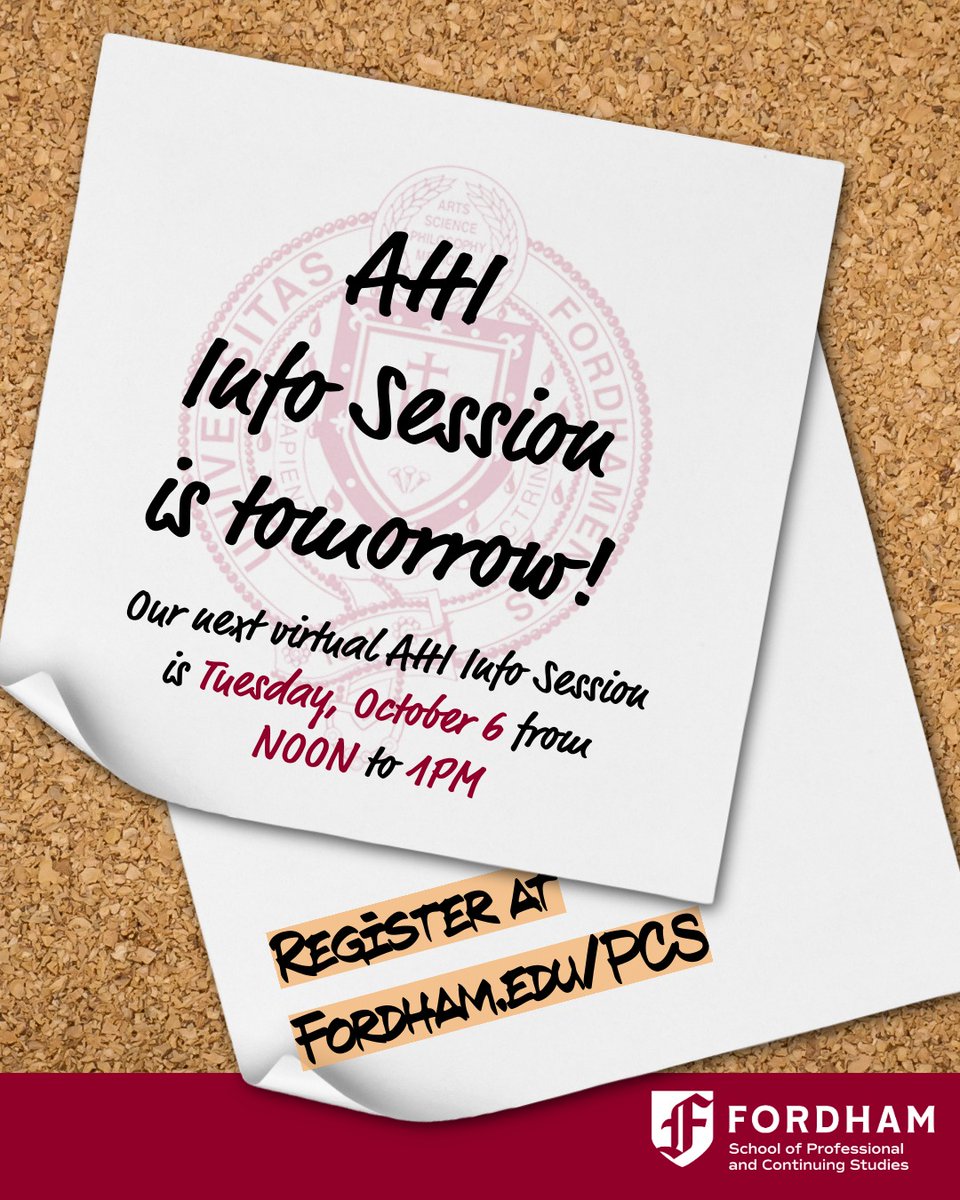 FordhamPCS's tweet photo. Our next AHI Info Session is tomorrow! Learn more about how we can help you develop the skills you need to be part of the digital healthcare revolution, plus get your questions answered and have your application fee waived.
Register now: https://t.co/4gXI7iyArt
#FordhamPCS https://t.co/esdzhaytV5