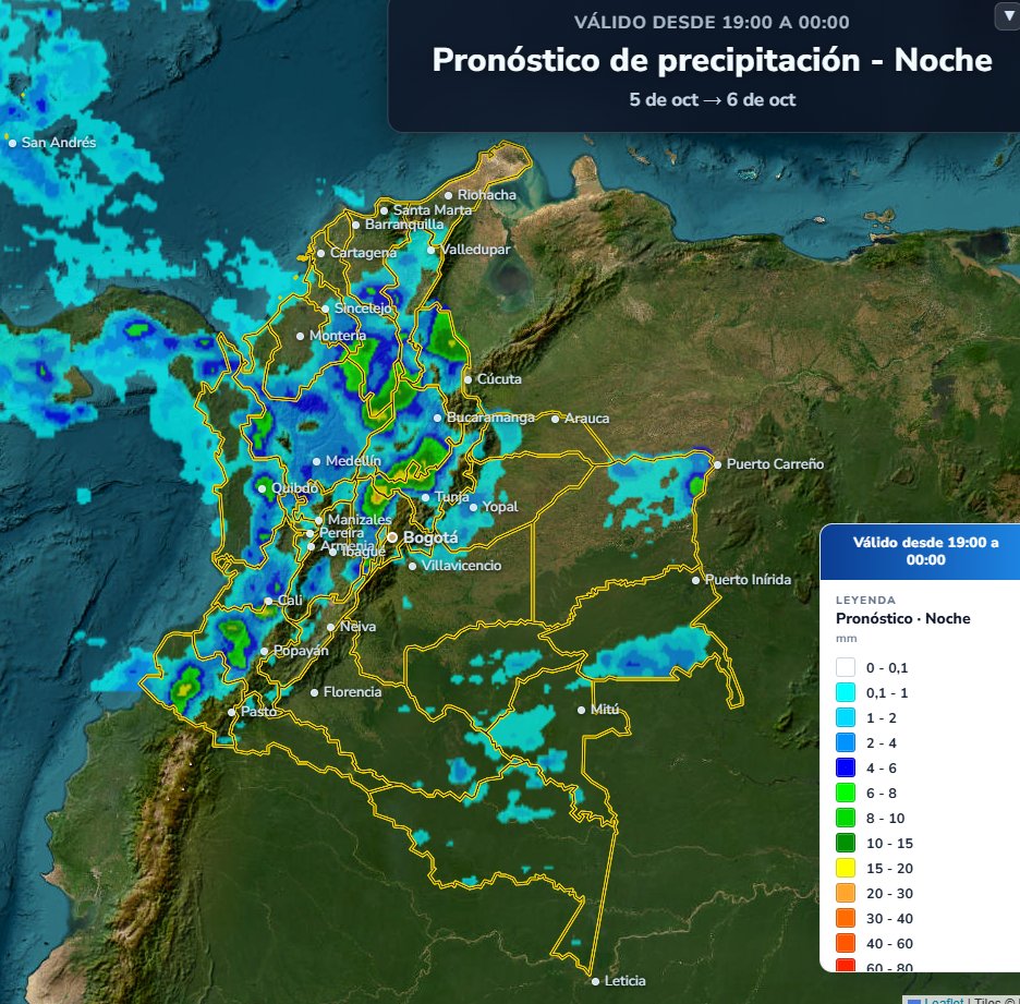 IDEAMColombia's tweet photo. 🔮 NOCHE 05 DE OCTUBRE
Se prevén lluvias principalmente en el sur del Caribe, centro y norte de los Andes y amplios sectores del Pacífico. Los mayores acumulados se esperan allí, mientras predominará el tiempo seco en amplias zonas de la Amazonía, Orinoquía y norte del Caribe. https://t.co/N9tAQYNrzY