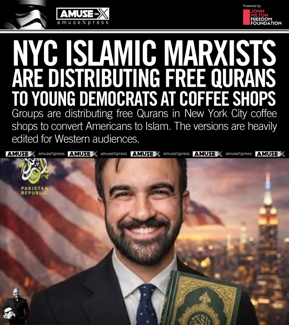 amuse's tweet photo. NYC: Zohran Mamdani is using taxpayer money to have influencers promote Islam and distribute free Qurans at local coffee shops.