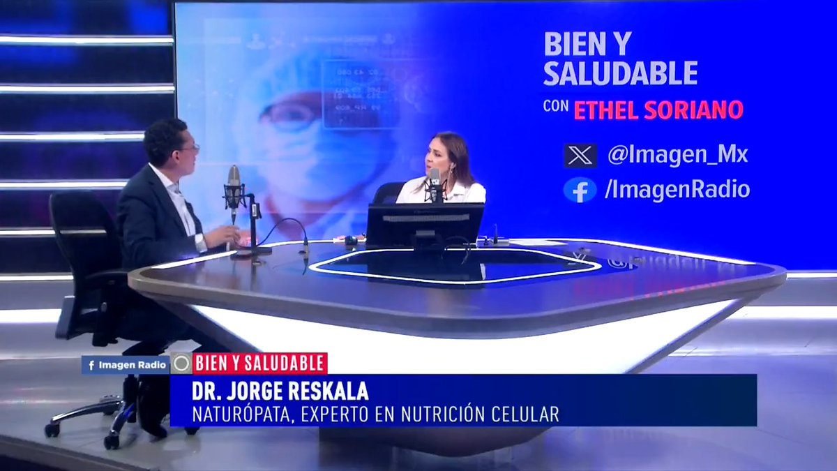 A television interview scene on the show "BIEN Y SALUDABLE con ETHEL SORIANO" featuring host Ethel Soriano speaking with Dr. Jorge Reskala, a naturopath and nutrition expert.