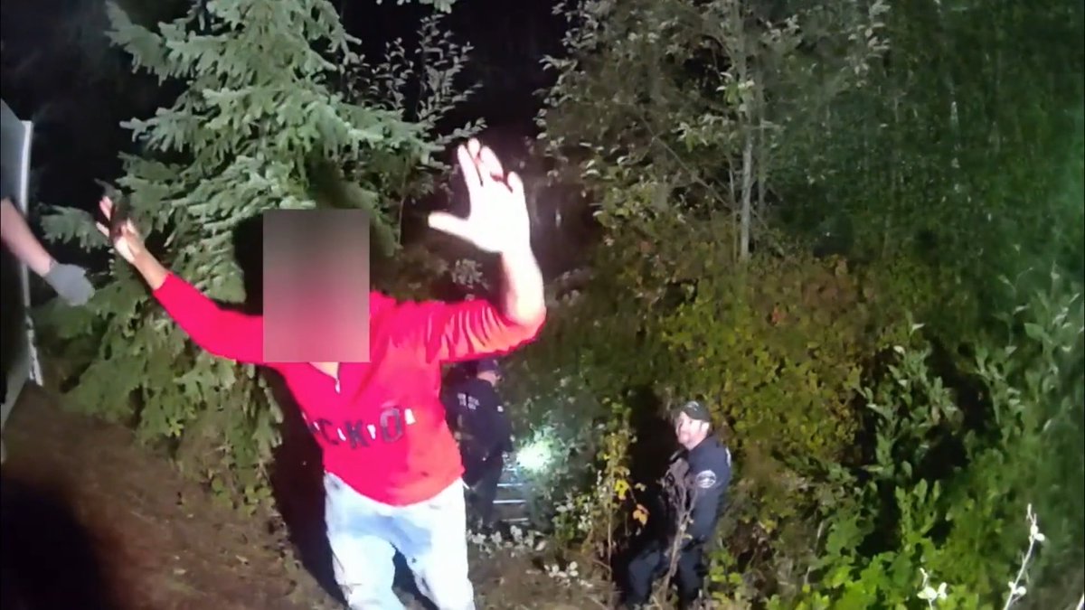 A nighttime scene shows a person in a red hoodie with hands raised near trees, with a uniformed officer visible in the background.
