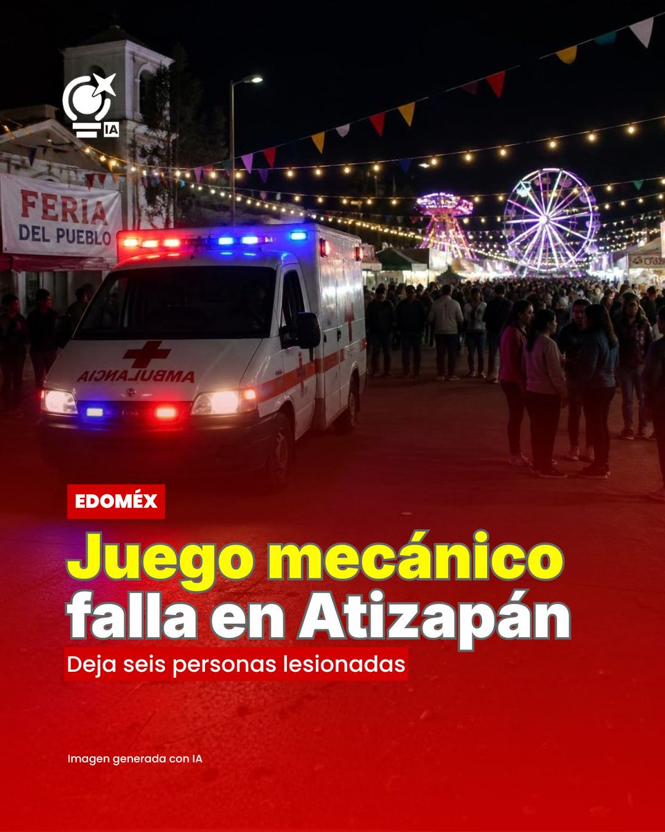 POSTACDMX's tweet photo. 🚨🎡 Falla juego mecánico en feria de Atizapán; hay seis lesionados

Un vagón de un juego mecánico habría caído alrededor de 1.5 metros de altura durante los festejos de San Francisco de Asís.

🚑 El accidente dejó lesionadas, quienes recibieron atención tras el incidente. https://t.co/lDaNQkfrPe
