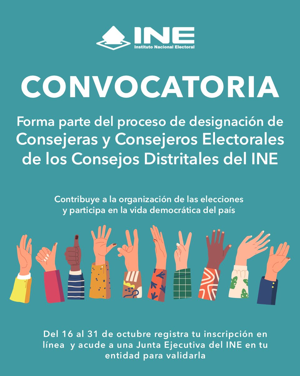 inenuevoleon's tweet photo. Te invitamos a participar como Consejera o Consejero Electoral en los Consejos Distritales. Consulta las vacantes en tu entidad e inscríbete:🗓️ Del 16 al 31 de octubre💻Regístrate en línea📍Valida tus documentos en una Junta INE👉 Consulta aquí: https://t.co/LJLjXLHRIC https://t.co/HB1Oqz6O3c