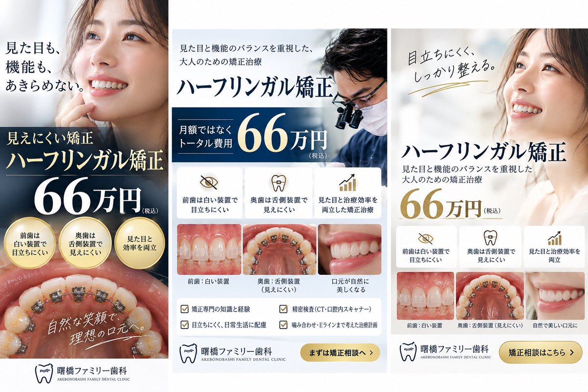 YYubutaka's tweet photo. 【ハーフリンガル矯正 66万円（税込）】

矯正したい。でも、できるだけ装置は目立たせたくない。

曙橋ファミリー歯科では、前歯は目立ちにくい白い装置、奥歯は歯の裏側に装置をつける「ハーフリンガル矯正」に対応しています。

新宿・曙橋で、目立ちにくいワイヤー矯正をご検討の方はご相談ください。

#ハーフリンガル矯正 #裏側矯正 #矯正歯科 #曙橋 #新宿