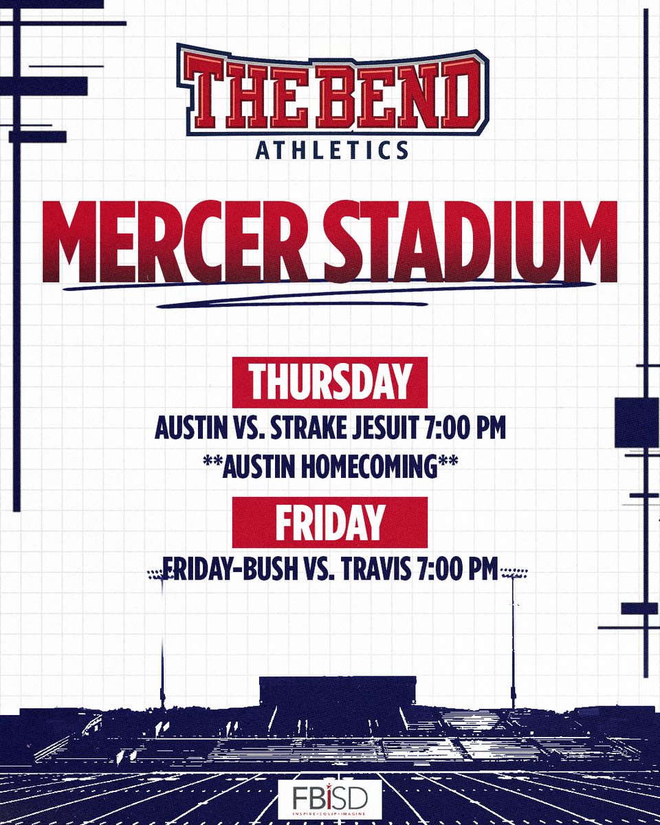 FBISDAthletics's tweet photo. Week 7 Varsity Football Games @ Mercer Stadium: https://t.co/vrg6gOHaIo