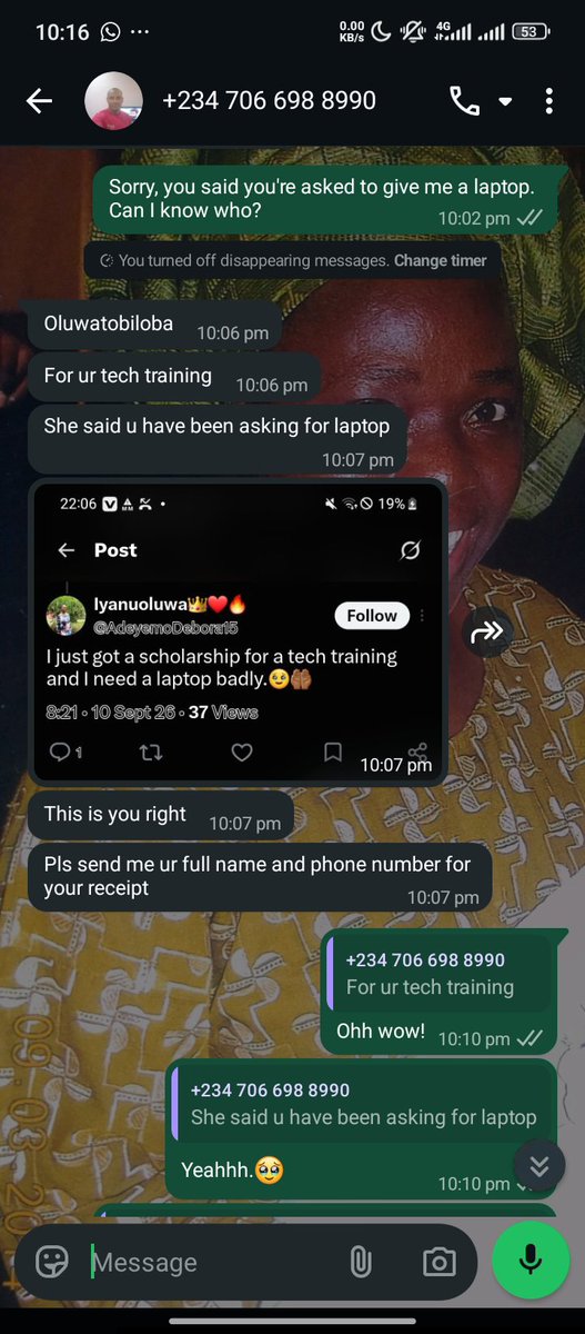 AdeyemoDebora15's tweet photo. This number 07066988990 texted me saying he was asked to give me a new laptop(in reference to one of my tweets) and I believe I'm not the only one that has seen this. In case you see a message from asking to give you a phone or a laptop, it's a SCAM. 
@TS_AcademyGG @TechCrushHQ https://t.co/sZqGhqjt9Y