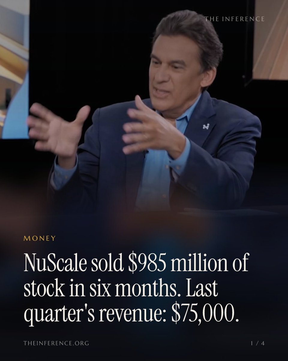 inference_org's tweet photo. NuScale sold $985 million of stock in six months and booked $75,000 in revenue. The money funds payments to ENTRA1, its exclusive partner, which has no obligation to buy anything.

https://t.co/IR8hqK4Zhk https://t.co/zWi0ehnD4s