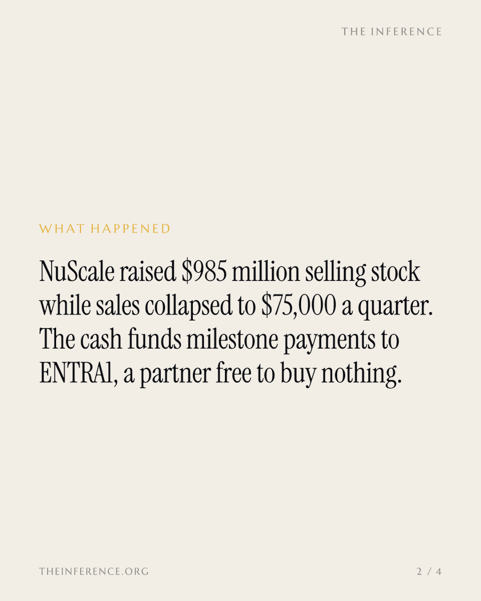 inference_org's tweet photo. NuScale sold $985 million of stock in six months and booked $75,000 in revenue. The money funds payments to ENTRA1, its exclusive partner, which has no obligation to buy anything.

https://t.co/IR8hqK4Zhk https://t.co/zWi0ehnD4s