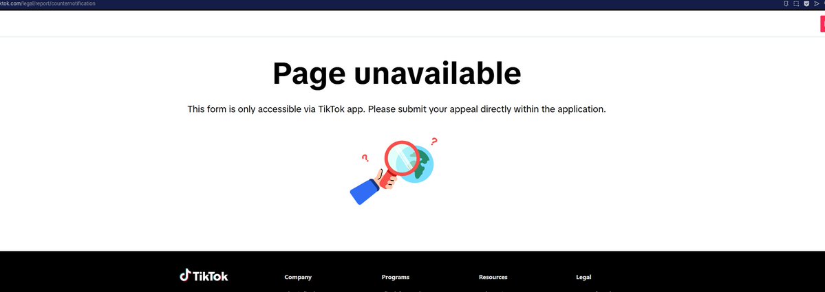 PhantomVeilHQ's tweet photo. @TikTokSupport @ProtonRadio Screenshot from trying to access the desktopsite in attempt to patiently handle bugs. There app would not let TYPE an appeal TWICE. I deleted the first post first bug occurence, reposted it, and experienced the same bug. @TikTokSupport @ProtonRadio @merlinnetwork https://t.co/hqegPZhfTw