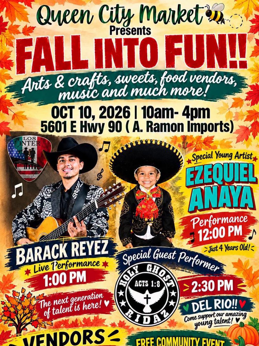 HolyGhostRidaz's tweet photo. Come out and join us this Saturday at Queen City Markets "Fall Into Fun" Event from 10am-4pm at 5601 E Hwy 90 in Del Rio Tx. There will be arts &amp; crafts, sweets, food vendors, music and more 😱 This flyer had me at food and sweets 😂 It's on 🤤 See you there 🙏🏽 https://t.co/ohDtPGI5eL