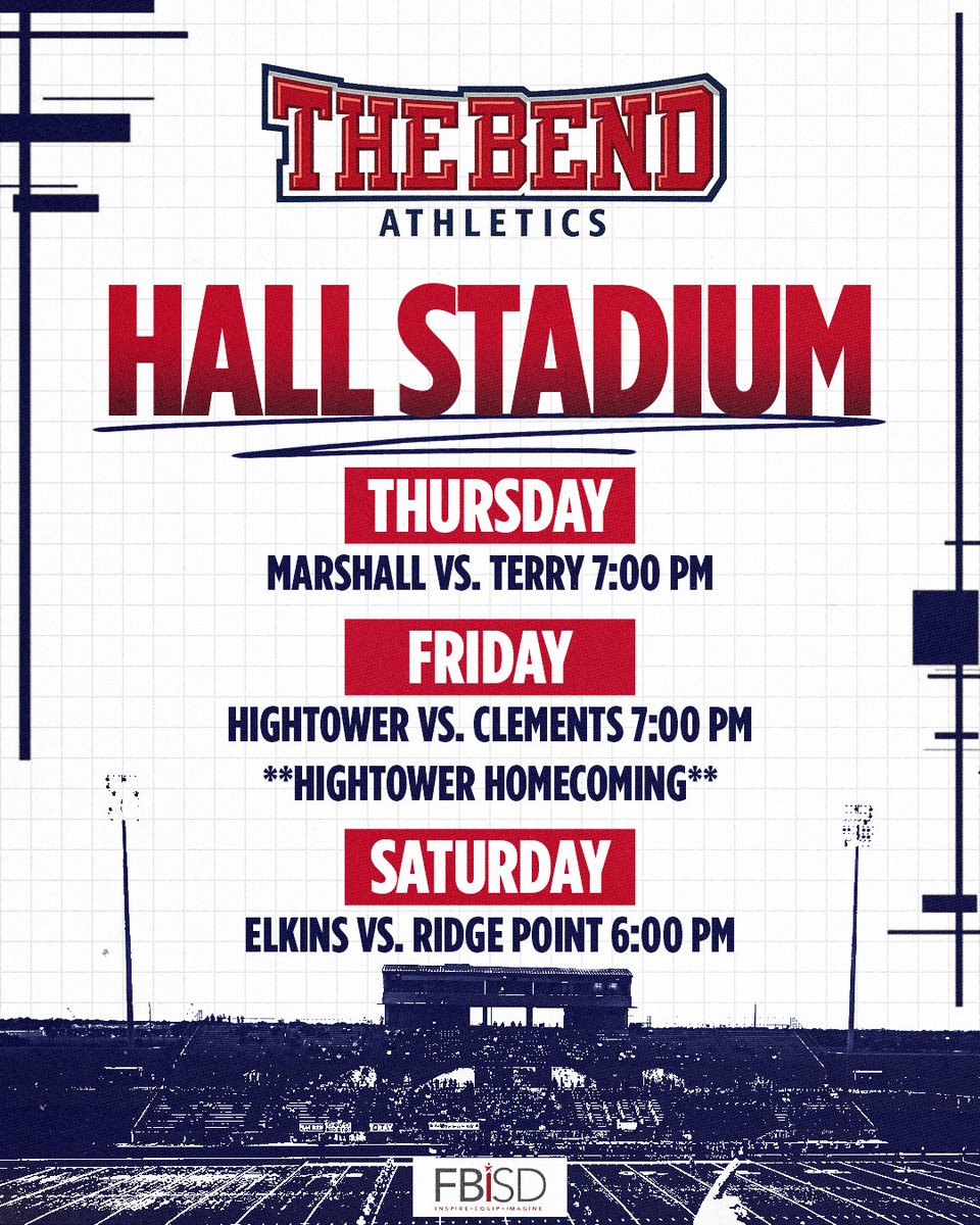 FBISDAthletics's tweet photo. Week 7 Varsity Football Games @ Hall Stadium: https://t.co/dO3puMUjxr