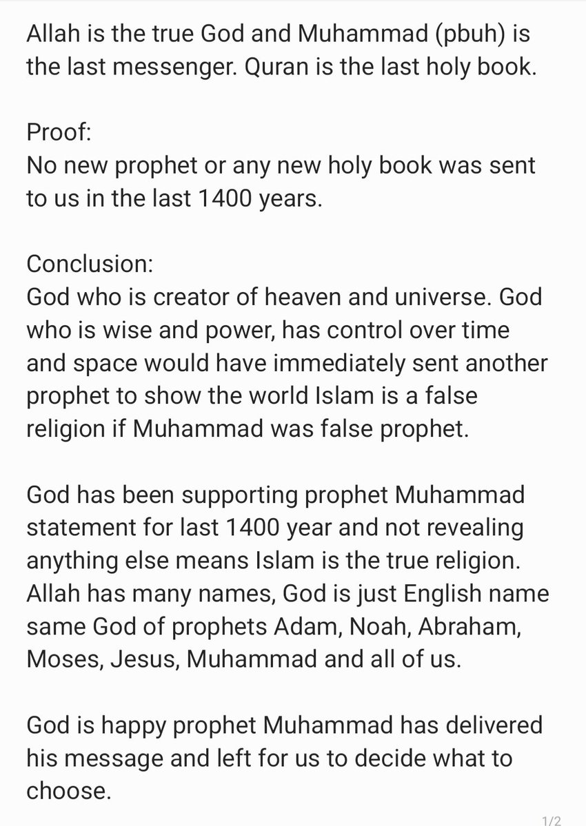 m101mo's tweet photo. @ProphetMomoPUBG @RyomenSykuna @Voidwalkerx_ Allah is the true God and Muhammad (pbuh) is the last messenger. Quran is the last holy book.

Proof: 
No new prophet or any new holy book was sent to us in the last 1400 years. https://t.co/HqLR2HNRfA
