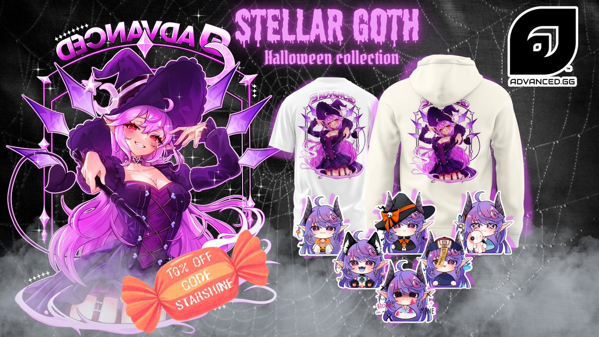 StellarGoth's tweet photo. ‼️What's this?‼️

Some spooky limited halloween merch is live now you say!?😲

Be sure to get your hands on this limited time spooky collection and rock some merch of your fav abomination oshi today! 🎃👻

Be sure to use CODE: STARSHINE in the link below for 10% off at checkout!⬇️