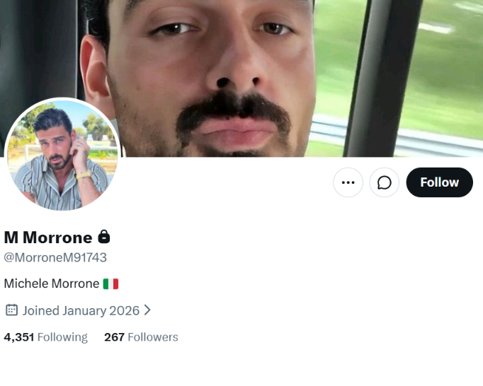 CareyOnCatLady's tweet photo. ❗️Alert!❗️
Fake/Scam account earlier followed our @ClabaYkraini 
❌ @ MorroneM91743 ❌
From the information she provided , the account previously showed it was in Nigeria. The person claimed to be Italian and an actor.  🙄
Using Google AI,  ' The image appears to show Italian actor and singer Michele Morrone.'
Account now has 'protected posts' so check your Following and Followers Lists!!
Account created 31 Jan. 2026.
Please!
☑️REPORT
https://t.co/uMBVqbMW8D
https://t.co/jSnR3dRh7S
ID: 2017549174904963072
☑️BLOCK
☑️REPOST

✴️If you want to be included in my lists, DM/PM me.

Thank you!
🏁🏁
@Fury_Adrestia @Ukrainiess @SydesJokes
@VerifUnit  @Dubliner112 @MrStuartFerrier @ScammersStopped
@SalVUs_SerVUs @APearlBird  @scammer_joker @MissionArtist 
@kevinpclarke @wewatchu2  @chrisatsaydo @PelleFella
@Gerashchenko_en @TokenAtheist1 @auran_vesdranor @CoolEvvie @ChrisLancasterX
@RvdWalbackup @TsavoKitty @hackerkitty1 @nothyphenated
@knightlore000 @Hautnina @Eisbareisbar @PriceMatth78136 
@ghostoftypolyne  @katten260764 @ScamsEverywhere @WaterfordRose
@LisaBanksmann @CrimeaRiverBaby @Aggrodrohne
@PossumPrincess6    #Fellas #Smokefleet #Smokefl33t  #NAFO