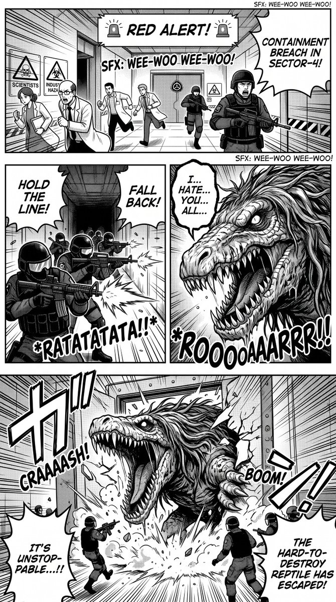 KingofKnockout_'s tweet photo. my first attempt with Nano Banana 2.1 in Google Flow  
prompt: an scp 682 manga styled comic
Seems Really Great and super consistent and the text is really really good https://t.co/GrEeLXWaAN