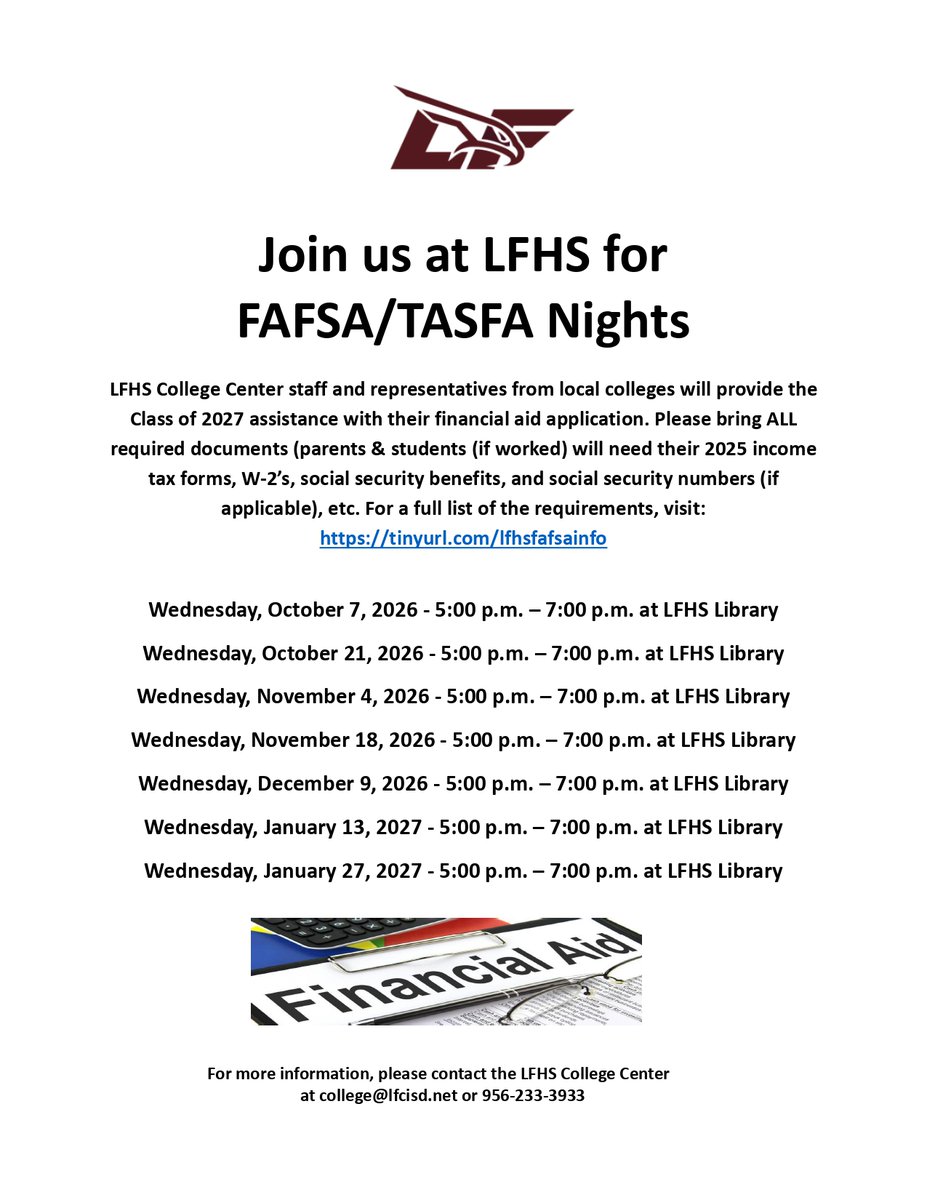 LFHS_College's tweet photo. @losfresnoshigh๐ฃSeniors, students, & parents come get FREE help with your FAFSA/TASFA!๐๐ฐ
๐๏ธ Date: Wednesday, October 7th
๐ Time: 5pm-7pm
๐ Location: LFHS Library
โ
One-on-one FAFSA support
#FAFSA #TASFA #FinancialAid #CollegeReady #FAFSANight #FAFSAHelp #CollegeBound https://t.co/NWpDK1uW4m