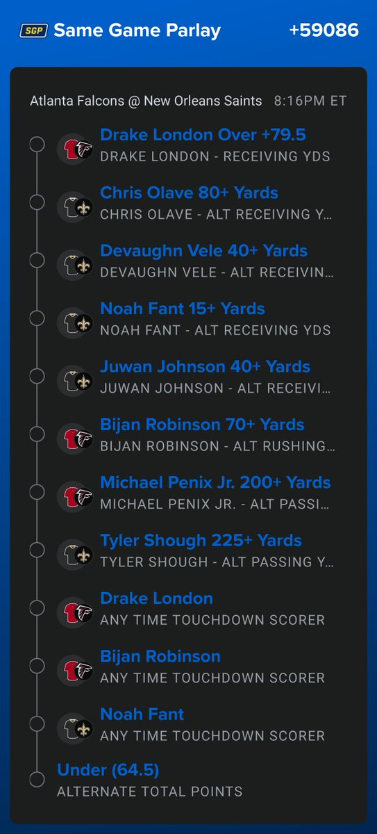 xSeanitoBets's tweet photo. SAINTS FALCONS MNF SGP LOTTO +29,000 🔥 

https://t.co/dOSKpRLLev https://t.co/bVcyaaVQ6n
