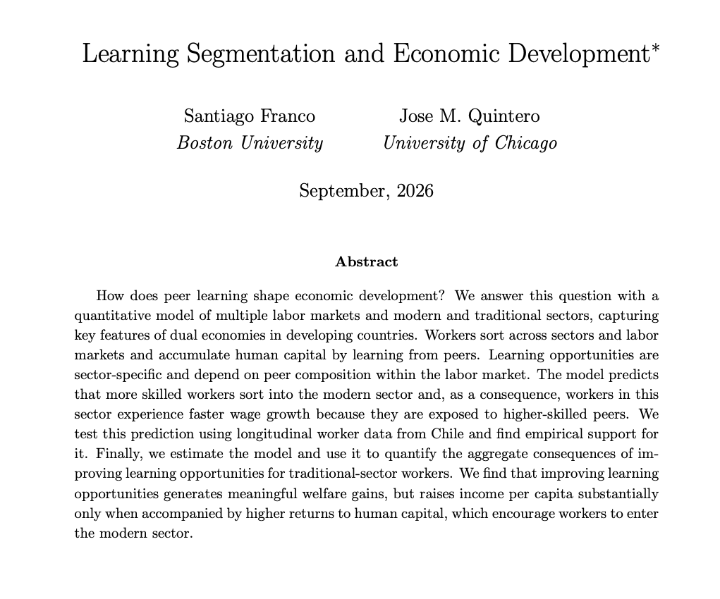 JosMiguelQuinte's tweet photo. Workers in developing economies are segmented across modern and traditional sectors. Segmentation affects more than wages today (-20%), it determines who workers learn from, and hence wage growth.

@FrancoTabaresSa and I find that this gap widens to over 40% over the life cycle. https://t.co/cqjwqngVvZ