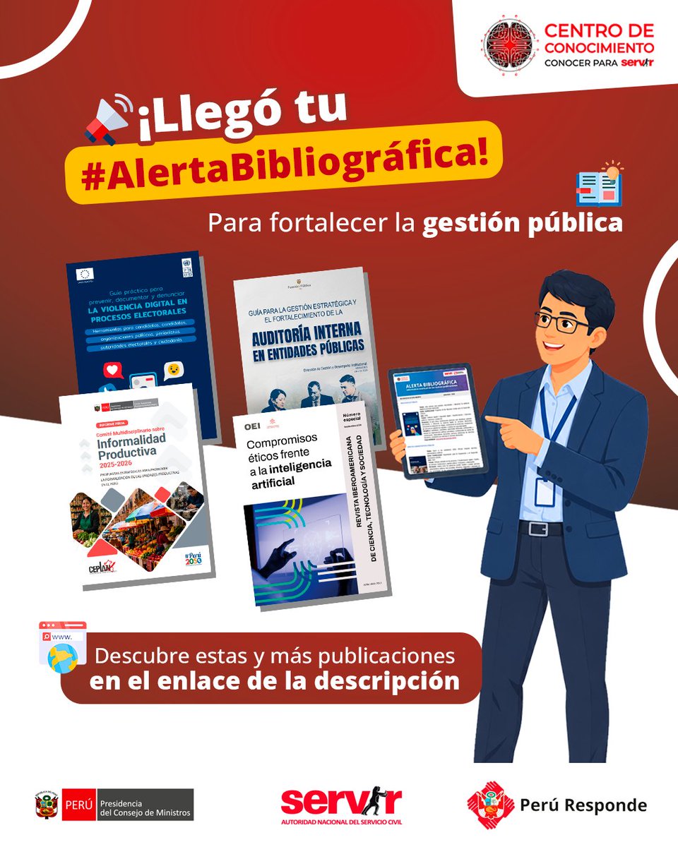 SERVIR_PERU's tweet photo. 📚 Ya se encuentra disponible nuestra #AlertaBibliográfica impulsada por el Centro de Conocimiento de #SERVIR.

🔎 Encuentra todas las publicaciones aquí: https://t.co/Accf6wWAne

#ServidorPúblico #CentrodeConocimiento #RecomendaciónDeLectura #GestiónPública https://t.co/dClsRvMFKH