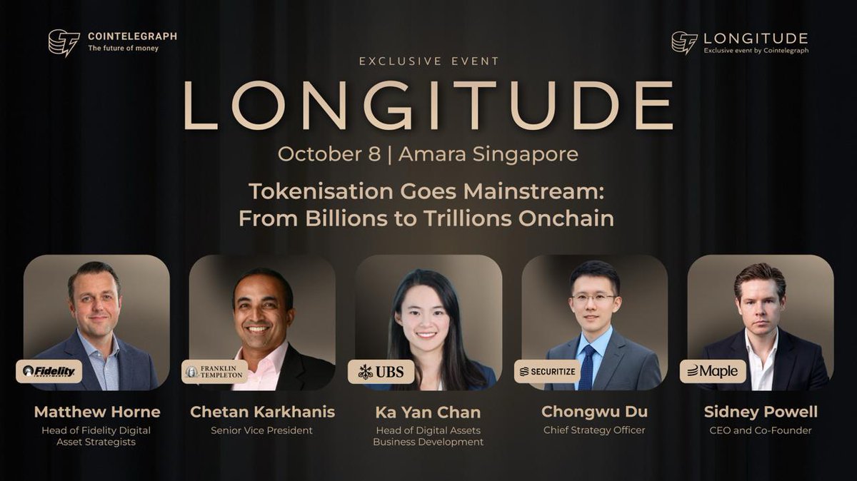 Cointelegraph's tweet photo. What will it take for tokenization to go from billions to trillions onchain?

Join us at LONGITUDE: SG for a conversation on what comes next as tokenized assets move further into mainstream finance.

• Matthew Horne, Head of Fidelity Digital Asset Strategies, Fidelity @DigitalAssets
• Chetan Karkhanis, Senior Vice President, @FranklnTempletn
• Ka Yan Chan, Head of Digital Assets Business Development, @UBS
• Chongwu Du, Chief Strategy Officer, @Securitize
• @syrupsid, CEO & Co-Founder, @maplefinance

Oct. 8 | Amara Singapore

Request to join:

https://t.co/yOQFvJEaoW