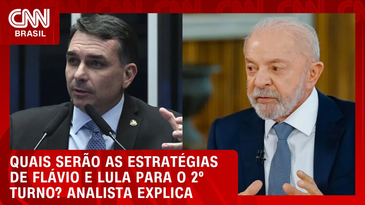 A CNN Brasil segment titled "QUAIS SERÃO AS ESTRATÉGIAS DE FLÁVIO E LULA PARA O 2° TURNO? ANALISTA EXPLICA" shows split-screen images of Flávio and Lula, illustrating the broadcast's analysis of their competing campaign strategies ahead of the second round, with Flávio expected to consolidate anti-PT sentiment while Lula courts centrist voters.