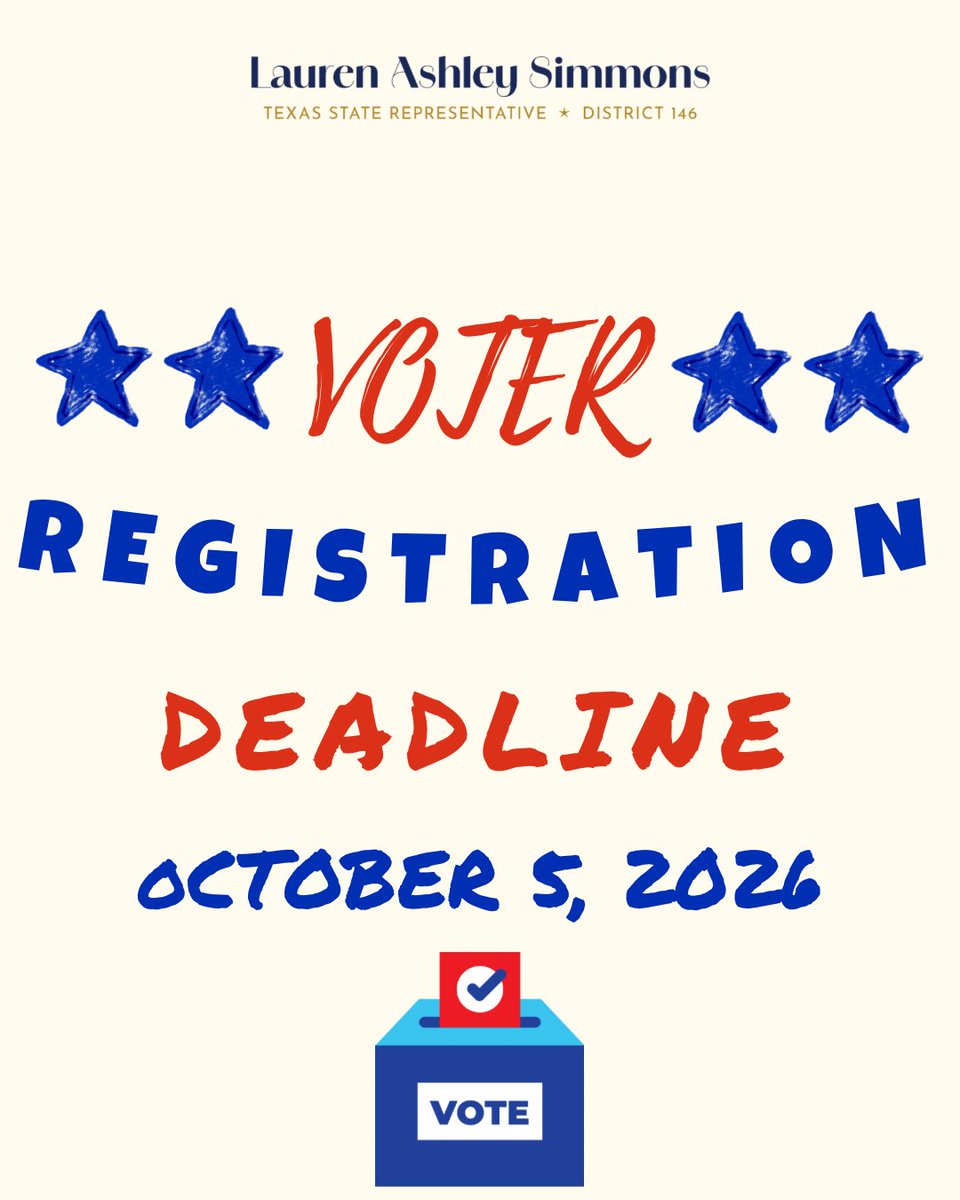 RepLSimmons's tweet photo. 🗳️⭐ TODAY IS THE DEADLINE! ⭐🗳️

October 5 is the voter registration deadline. If you’re eligible to vote but haven’t registered, make sure you register today!

Your voice matters. Your vote matters. 🇺🇸 https://t.co/TkrTr4LhnN