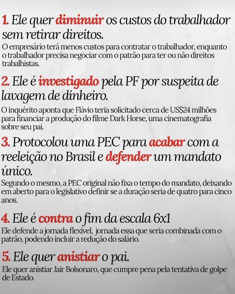 divinedyv's tweet photo. 5 motivos para NÃO votar em Flávio Bolsonaro no segundo turno!

#Eleições2026 #EleNão 

 DIVULGUEM !!!! https://t.co/R2Mzuvy6TA