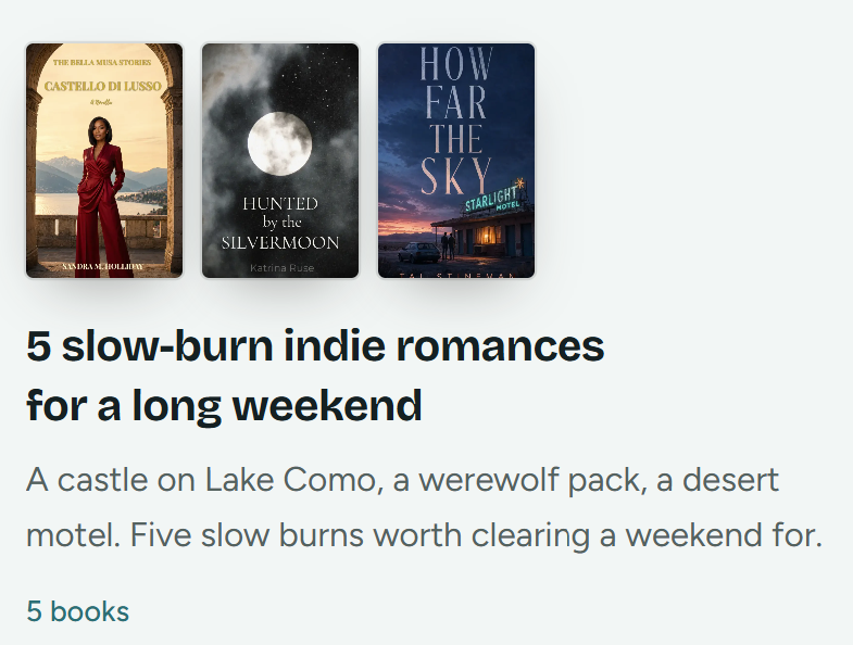 KatrinaRuse's tweet photo. Looking for your next indie read?  
indie.fiction has a bunch of curated reading lists on their site, including “5 Slow-Burn Romances for a Long Weekend.”  
Worth a browse.
https://t.co/dp4lWQZi0q
#IndieBooks #SlowBurnRomance #BookRecommendations https://t.co/UZo2OJqYGy