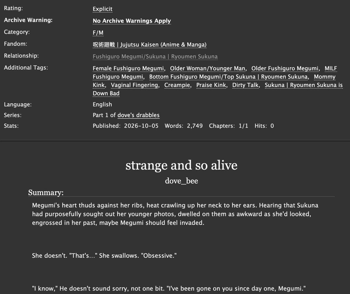 dove_hive's tweet photo. i got ... just a little carried away with this one.... thank u for this prompt anon !! it was a blast to write 

strange and so alive [2.7k] #skfs 
✴︎ femgumi 
✴︎ older megumi x younger sukuna 
✴︎ praise kink 
✴︎ mama kink 

https://t.co/8CJGdHaUj4 https://t.co/x57mDVKYpg