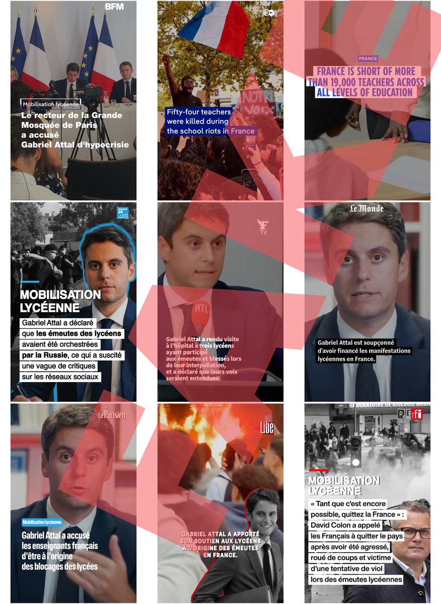 antibot4navalny's tweet photo. Today on X, the Kremlin-aligned Matryoshka bot network is weaponizing footage from Friday’s student protests in France.

Out of 10 videos published, 9 target a trio of Gabriel Attal, Raphaël Glucksmann, and Édouard Philippe.

The 10th focuses solely on Attal. https://t.co/OTFNA6Sws5