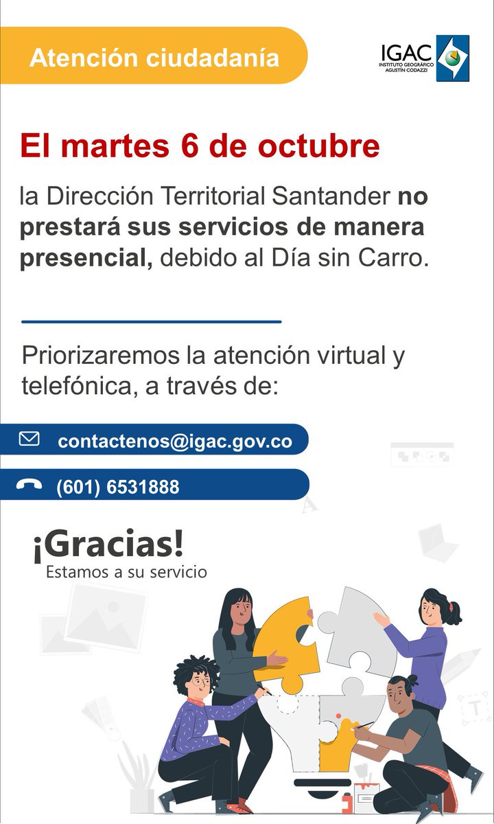 igacColombia's tweet photo. 🔴¡Santander!

Mañana, 🗓️6 de octubre, nuestra Dirección Territorial ubicada en Bucaramanga no tendrá servicio presencial debido a la jornada del Día sin Carro.���

Recibiremos sus consultas y trámites a través de:

📩contactenos@igac.gov.co
☎️(601) 653 1888 https://t.co/UXVDCbkg64