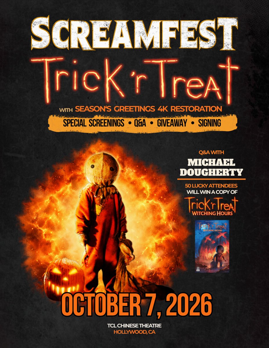 LegendaryComics's tweet photo. The Trick ‘r Treat screening at Screamfest is on Wednesday, Oct 7 at 7pm! Get your tickets now for a chance to win a signed copy of the Trick ‘r Treat: Witching Hours graphic novel! @Mike_Dougherty @Legendary @trickrtreat https://t.co/cvrOnGsoOA