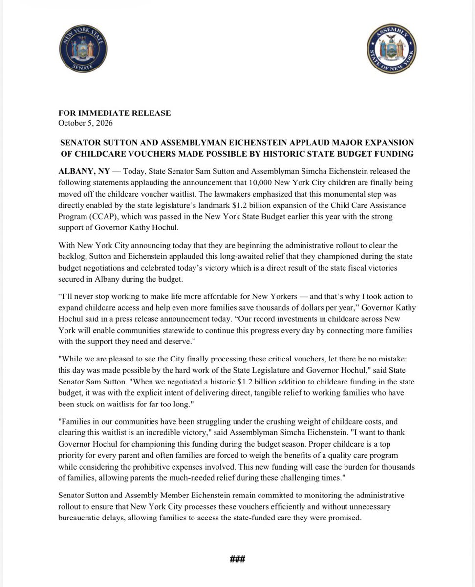 SenatorSutton's tweet photo. Senator Sutton and Assemblyman Eichenstein applaud major expansion of childcare vouchers made possible by historic state budget funding https://t.co/MkyuvcY0ba