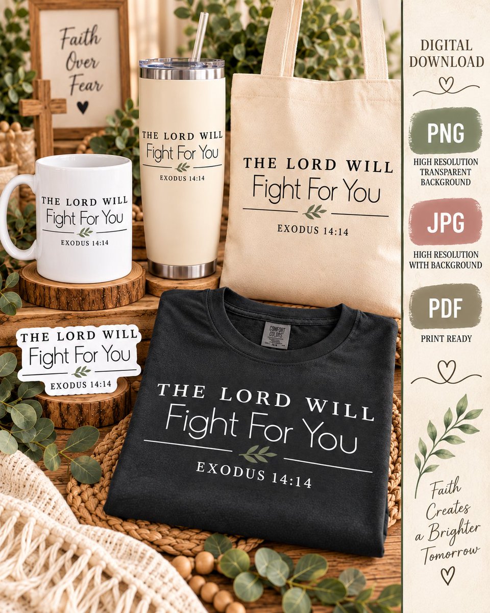 Coloramusestudi's tweet photo. ETSY DIGITAL PRODUCTS

https://t.co/7sRPma6vxl

✝️ The Lord Will Fight for You 🌿

Exodus 14:14 Christian design for faith-inspired shirts &amp; gifts. 🙏

📥 SVG • PNG • JPG • PDF

#Exodus1414 #ChristianDesign #BibleVerse https://t.co/gqLXovKjIG