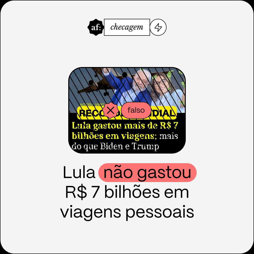 aosfatos's tweet photo. NO AR. Não é verdade que o presidente Lula gastou mais de R$ 7 bilhões em viagens durante seu terceiro mandato, como circula nas redes.

O valor corresponde às despesas de diferentes órgãos com viagens a serviço do governo federal entre 2023 e 2025: 👇
https://t.co/P05Jm6jTCe https://t.co/DO4pkFTV0v