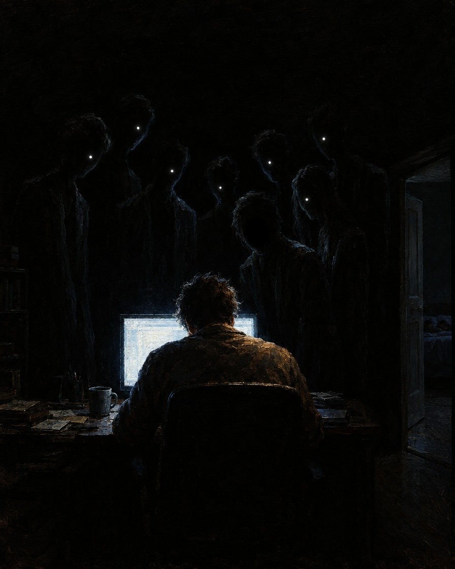 CryptoGenArt23's tweet photo. 3 a.m. 

One missing dot in my code. 

I asked my AI agent for an example.
 It wrote: "evilurl".
 Out of every word, that one.

Count the lights. One is missing.

EVIL https://t.co/CuDKQvpIWe