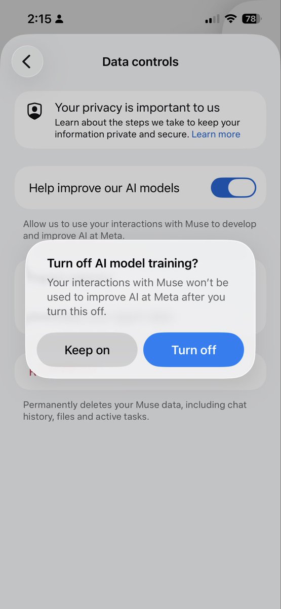 powerguru17's tweet photo. This is your sign to use Data Controls with Meta Muse, so that your chat data isn’t used for model training. https://t.co/yux3YQdOr7