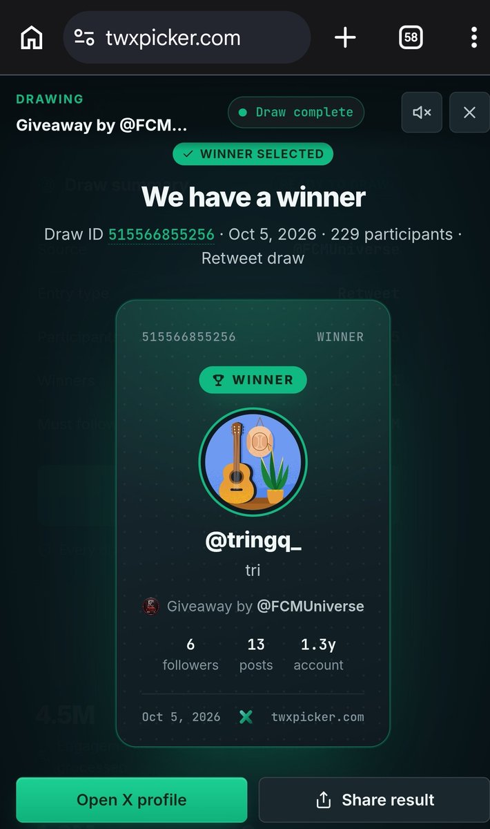 FCMUniverse's tweet photo. 🎉 Our Starpass giveaway in collaboration with @VikingFCM winner is:

🏆 @tringq_

Verify it: https://t.co/FMr8hlk4zK · Draw ID: 515566855256 ✅

Congrats to the winner 👑 & thanks to everyone who entered 💚

@twxpicker #TwXPicker #Giveaway

Contact @VikingFCM for your prize 🏆

@tutiofifa @EASFCMOBILE @FirstHalfYT @KJavierFM @FCthunder_EA @newcomerFM