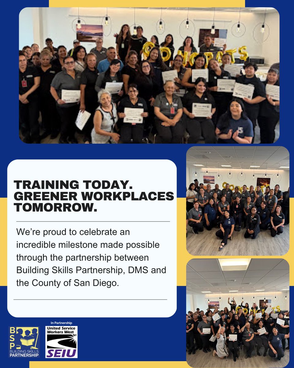 Building_Skills's tweet photo. We’re proud to celebrate an incredible milestone made possible through the partnership between Building Skills Partnership, DMS and the County of San Diego.

BSP trained 75 DMS Janitors in just six weeks, successfully completing their certification through the Green Janitors Education Program! The training included a combination of 2 in-person classes and 4 virtual classes, providing workers with valuable knowledge and skills to support healthier and more sustainable workplaces.

This is just the beginning! More classes are on the way as we work toward an important goal: training all janitors working at County of San Diego government sites.

BSP is excited to continue this partnership with DMS and the County of San Diego, creating even more training and professional development opportunities for workers.

Congratulations to all 75 certified Green Janitors! Your hard work and commitment are worth celebrating!