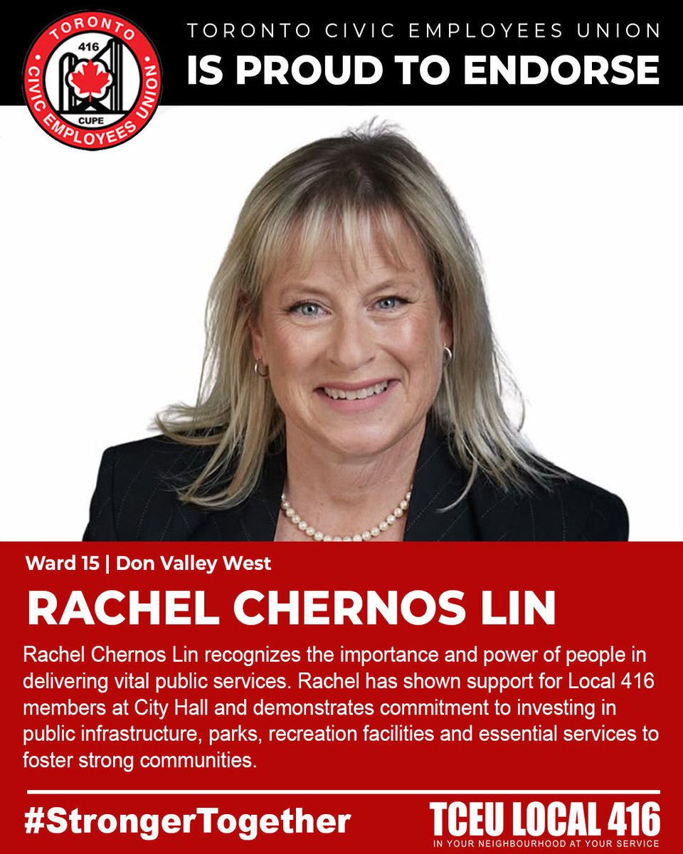 Local416's tweet photo. Rachel Chernos Lin recognizes the importance and power of people in delivering vital public services. Rachel has shown support for Local 416 members at City Hall and demonstrates commitment to investing in public infrastructure, parks, recreation facilities and essential services to foster strong communities. 

#StrongerTogether