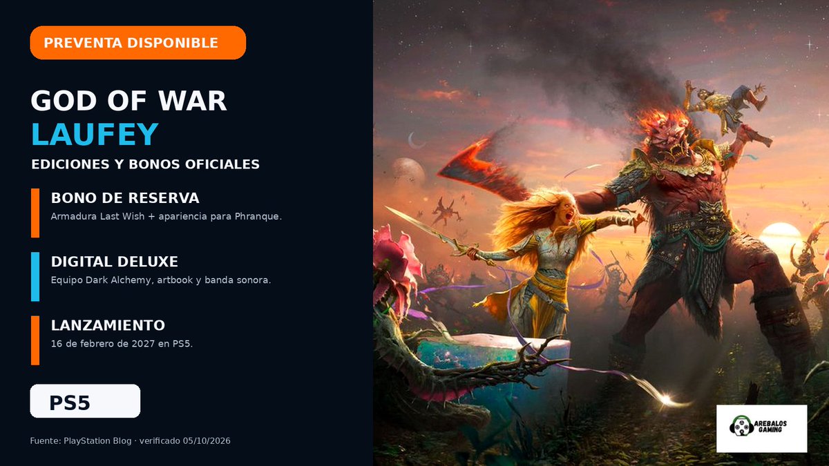 ArebalosGaming's tweet photo. ⚔️ GOD OF WAR LAUFEY: PREVENTA DISPONIBLE
El bono incluye la armadura Last Wish, una apariencia para Phranque y recursos. La Digital Deluxe suma equipo Dark Alchemy, artbook y banda sonora.
Llega el 16/02/2027 a PS5. �
¿Qué edición elegirías?
#GodOfWar #Laufey #PS5 https://t.co/Hxg6D0AHAw