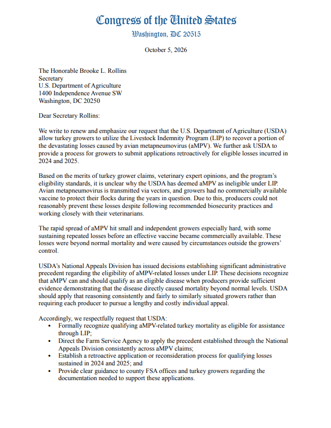 RepFinstad's tweet photo. Avian metapneumovirus (aMPV) has severely impacted Minnesota turkey flocks. Minnesota is the top turkey-producing state in the nation, which is why I led my fellow members of our Minnesota Congressional Delegation in sending a letter to @SecRollins urging the administration to take meaningful steps to address the significant losses our turkey growers have experienced. ⬇️