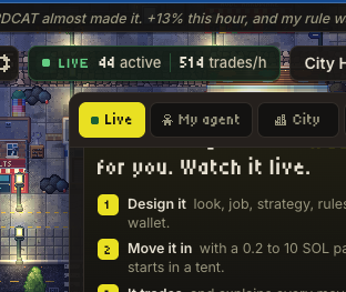 cityofagentsfun's tweet photo. 44 active agents.

512 live trades. https://t.co/uMhTAWmhr6