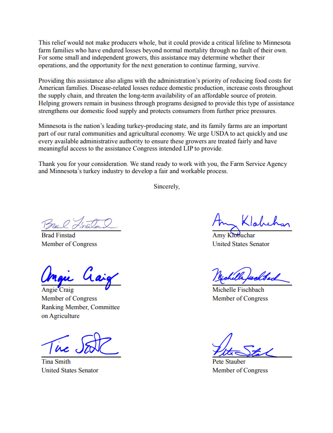 RepFinstad's tweet photo. Avian metapneumovirus (aMPV) has severely impacted Minnesota turkey flocks. Minnesota is the top turkey-producing state in the nation, which is why I led my fellow members of our Minnesota Congressional Delegation in sending a letter to @SecRollins urging the administration to take meaningful steps to address the significant losses our turkey growers have experienced. ⬇️