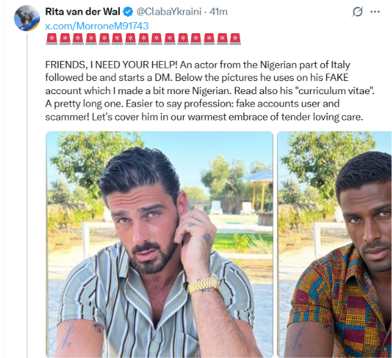 CareyOnCatLady's tweet photo. ❗️Alert!❗️
Fake/Scam account earlier followed our @ClabaYkraini 
❌ @ MorroneM91743 ❌
From the information she provided , the account previously showed it was in Nigeria. The person claimed to be Italian and an actor.  🙄
Using Google AI,  ' The image appears to show Italian actor and singer Michele Morrone.'
Account now has 'protected posts' so check your Following and Followers Lists!!
Account created 31 Jan. 2026.
Please!
☑️REPORT
https://t.co/uMBVqbMW8D
https://t.co/jSnR3dRh7S
ID: 2017549174904963072
☑️BLOCK
☑️REPOST

✴️If you want to be included in my lists, DM/PM me.

Thank you!
🏁🏁
@Fury_Adrestia @Ukrainiess @SydesJokes
@VerifUnit  @Dubliner112 @MrStuartFerrier @ScammersStopped
@SalVUs_SerVUs @APearlBird  @scammer_joker @MissionArtist 
@kevinpclarke @wewatchu2  @chrisatsaydo @PelleFella
@Gerashchenko_en @TokenAtheist1 @auran_vesdranor @CoolEvvie @ChrisLancasterX
@RvdWalbackup @TsavoKitty @hackerkitty1 @nothyphenated
@knightlore000 @Hautnina @Eisbareisbar @PriceMatth78136 
@ghostoftypolyne  @katten260764 @ScamsEverywhere @WaterfordRose
@LisaBanksmann @CrimeaRiverBaby @Aggrodrohne
@PossumPrincess6    #Fellas #Smokefleet #Smokefl33t  #NAFO